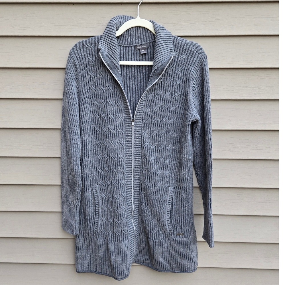 Eddie Bauer Womens Gray Cable Knit Full Zip Cardigan Sweater L Longline Pockets